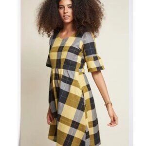 Mata Traders Yellow & Black Plaid Woven Cotton Dress Modcloth Medium